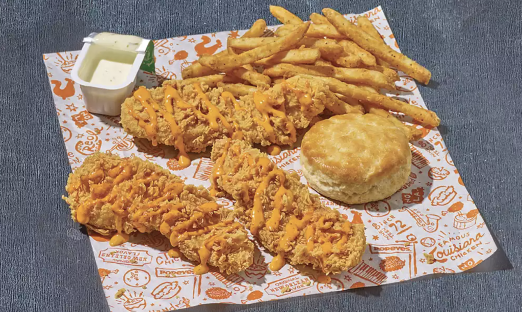 calories in popeyes handcrafted spicy or mild chicken tenders 3 pieces